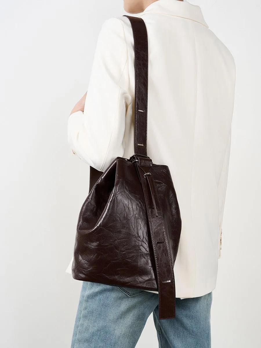 2024 Minimalist Genuine Leather Bucket Bag for Women, Handcrafted Cowhide Leather Shoulder & Crossbody Pleated Design bucket bags for sale
