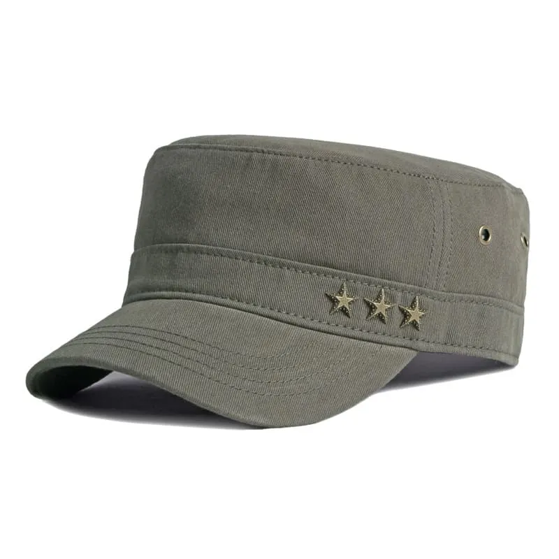 3 Stars Cotton Army Cap stylish boater hat with ribbon on model