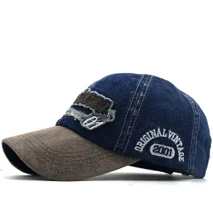 Americana Vintage Denim Baseball Cap stylish boater hat with ribbon on model