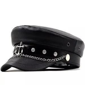 Anchor Black Leather Sailor Cap boater hat with bow in beach sunlight