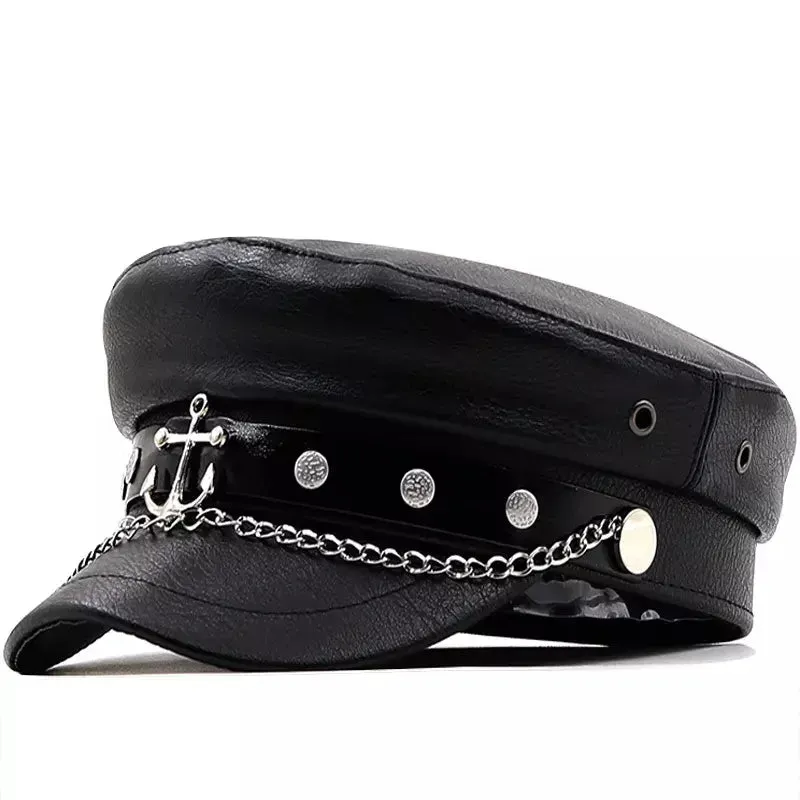 Anchor Black Leather Sailor Cap boater hat with bow in beach sunlight