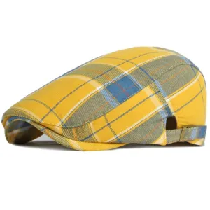 Anglet Tartan Cotton Flat Cap stylish boater hat with ribbon on model