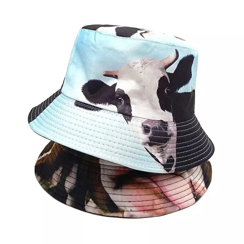 Animal Faces Reversible Bucket Hat boater hat with bow in beach sunlight
