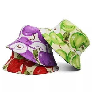 Apples Reversible Bucket Hat boater hat with bow in beach sunlight