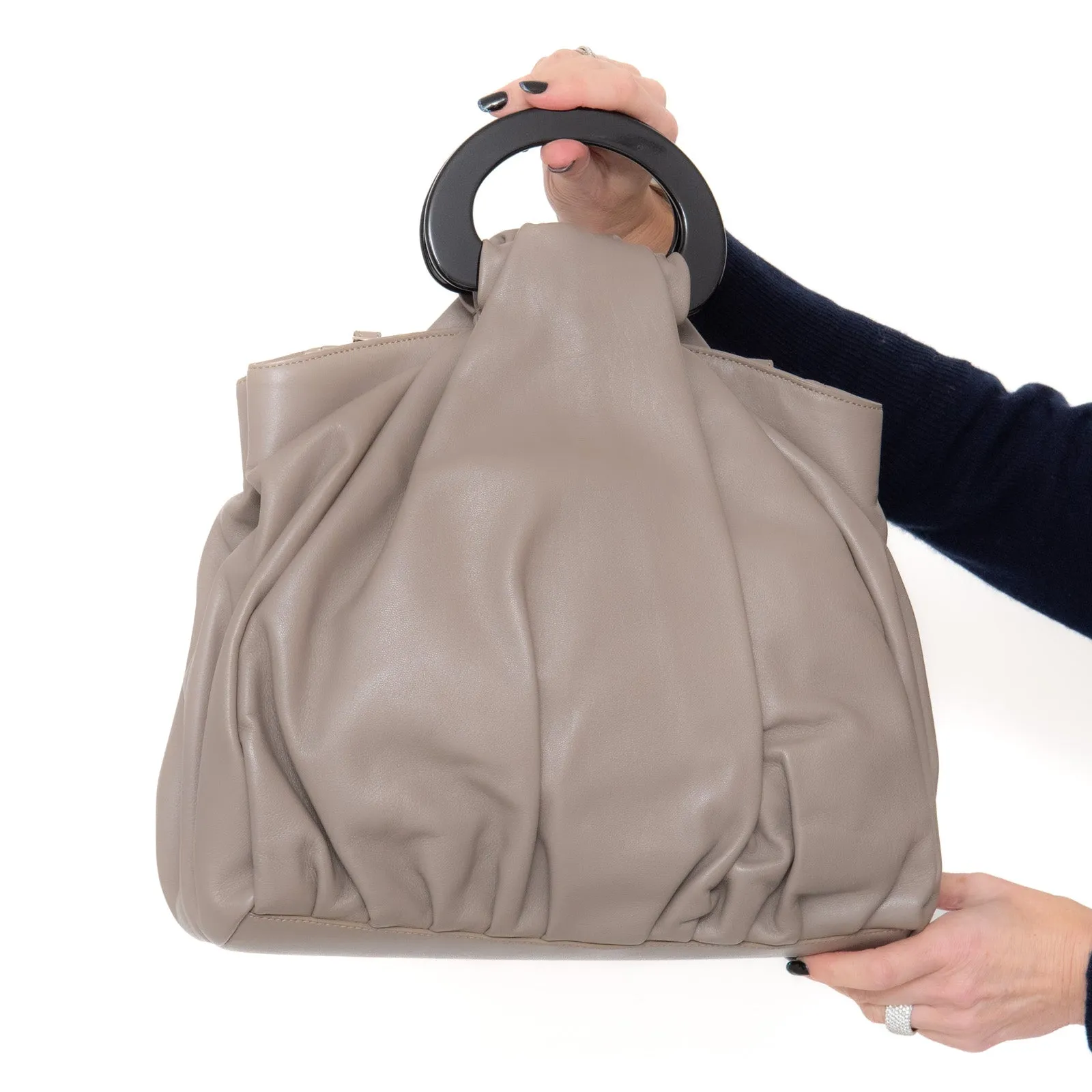 Armani Collezione Taupe Leather Pleated Top Handle Bag handbags sale 80% off
