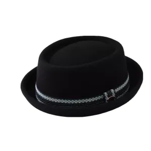 Artaud Black Wool Porkpie Hat boater hat with bow in beach sunlight