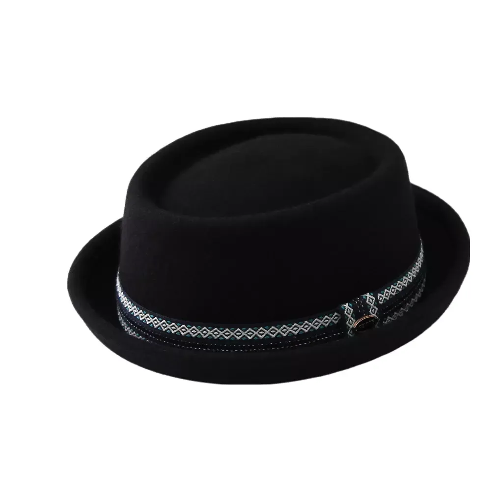 Artaud Black Wool Porkpie Hat boater hat with bow in beach sunlight