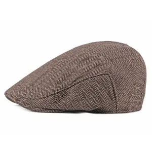 Asis Herringbone Cotton Flat Cap boater hat with bow in beach sunlight