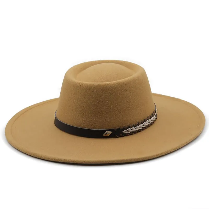 Atlanta Wide-Brimmed Porkpie Hat stylish boater hat with ribbon on model
