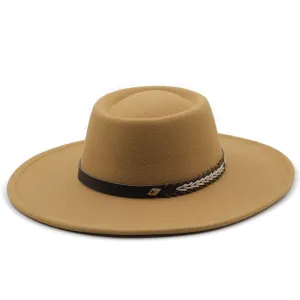 Atlanta Wide-Brimmed Porkpie Hat stylish boater hat with ribbon on model