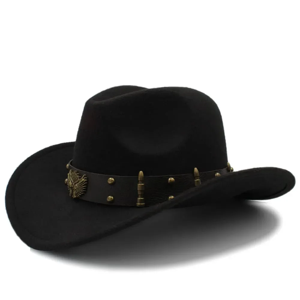 Austin Wool Cowboy Hat stylish boater hat with ribbon on model