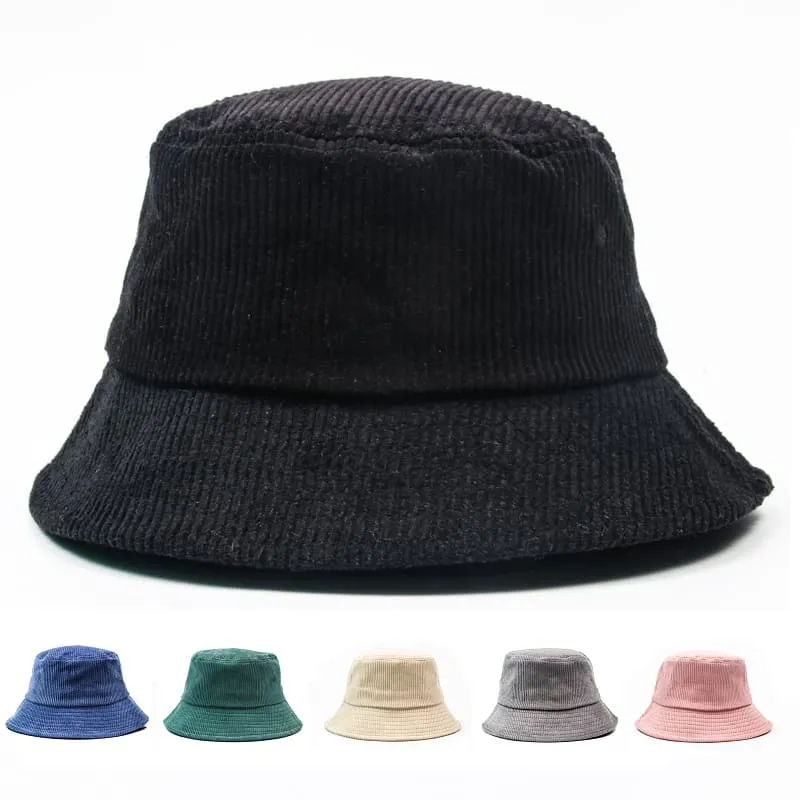 Autumn Plain Corduroy Bucket Hat stylish boater hat with ribbon on model