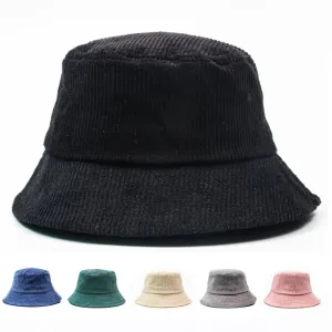 Autumn Plain Corduroy Bucket Hat stylish boater hat with ribbon on model