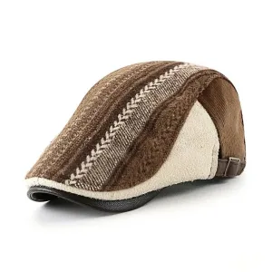 Autumn Vintage Striped Cotton Flat Cap boater hat with bow in beach sunlight