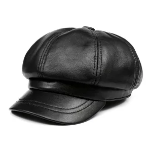 Avion Genuine Leather Newsboy Cap stylish boater hat with ribbon on model