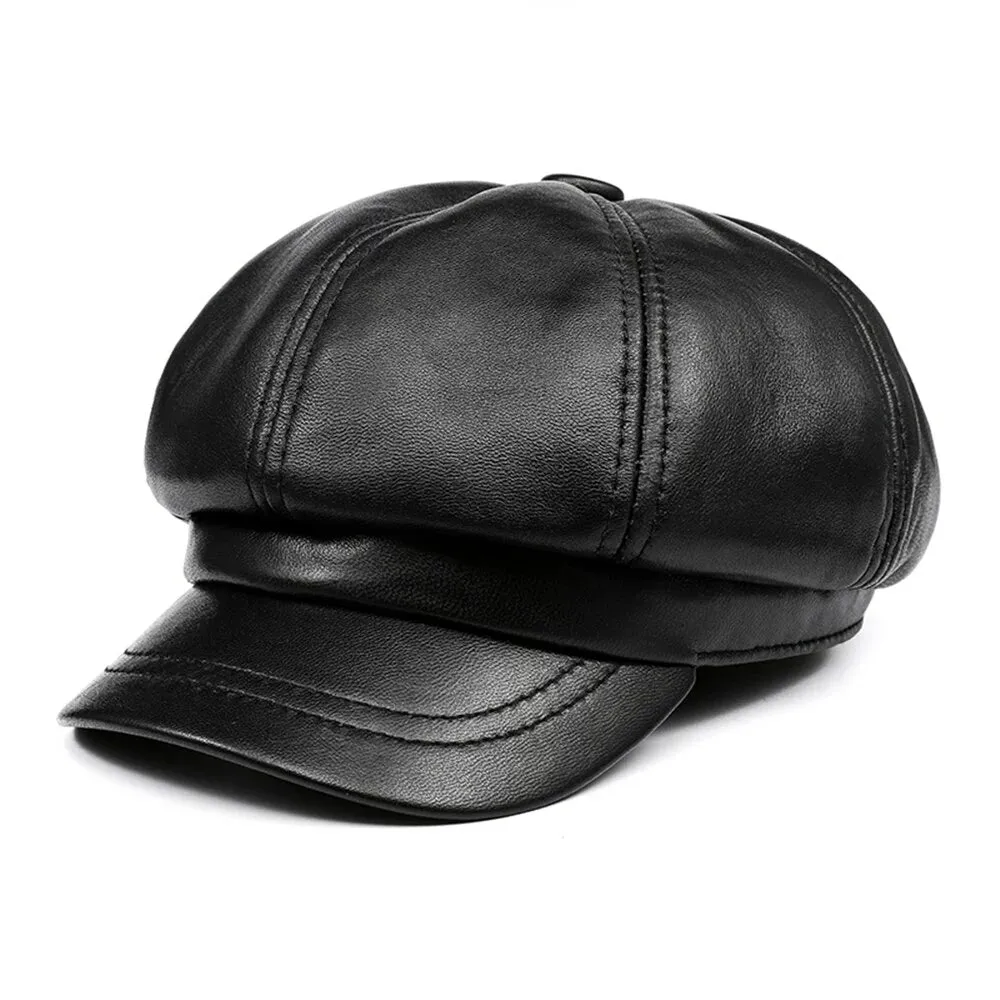Avion Genuine Leather Newsboy Cap stylish boater hat with ribbon on model