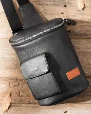 Badass Black Leather Men's Barrel Sling Bag Chest Bag Black Sling Pack One shoulder Backpack Waist Bag For Men Black