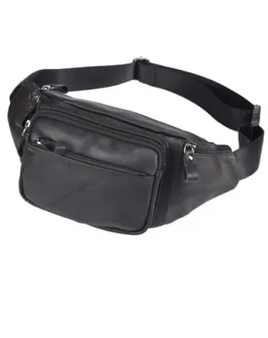 Badass Leather Fanny Pack Men's Black Chest Bag Hip Bag 8 inches Waist Bag For Men Black