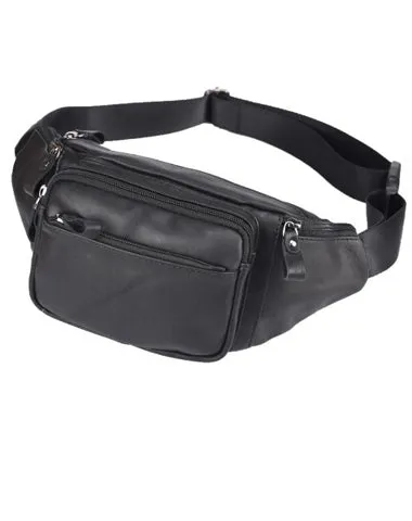 Badass Leather Fanny Pack Men's Black Chest Bag Hip Bag 8 inches Waist Bag For Men Black
