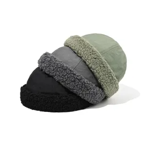 Balaclava Winter Lamb Docker Cap boater hat with bow in beach sunlight