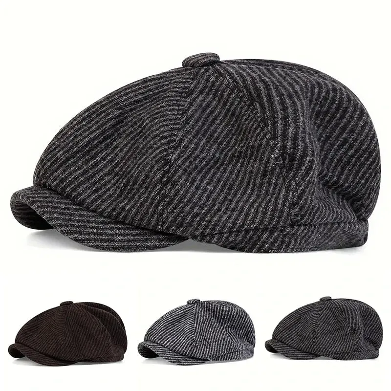 Baltimore Dark Striped Newsboy Cap boater hat with bow in beach sunlight