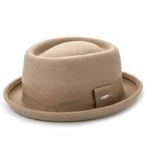 Balzac Wool Porkpie Hat boater hat with bow in beach sunlight