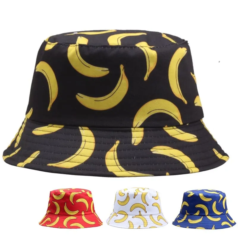 Banana Print Bucket Hat stylish boater hat with ribbon on model