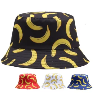 Banana Print Bucket Hat stylish boater hat with ribbon on model