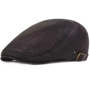 Barklay Leather Flat Cap boater hat with bow in beach sunlight