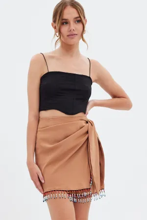Beige Abstract Wrap Skirt Mini Tassels,skirt,denim skirt,mini skirt,maxi skirt,jean skirt,skort,tennis skirt,pleated skirt,pencil skirt,bubble skirt,plisse skirt,fitted skirt,midi skirt,short skirt,short mini skirt,leather skirt,a line skirt,Split skirt