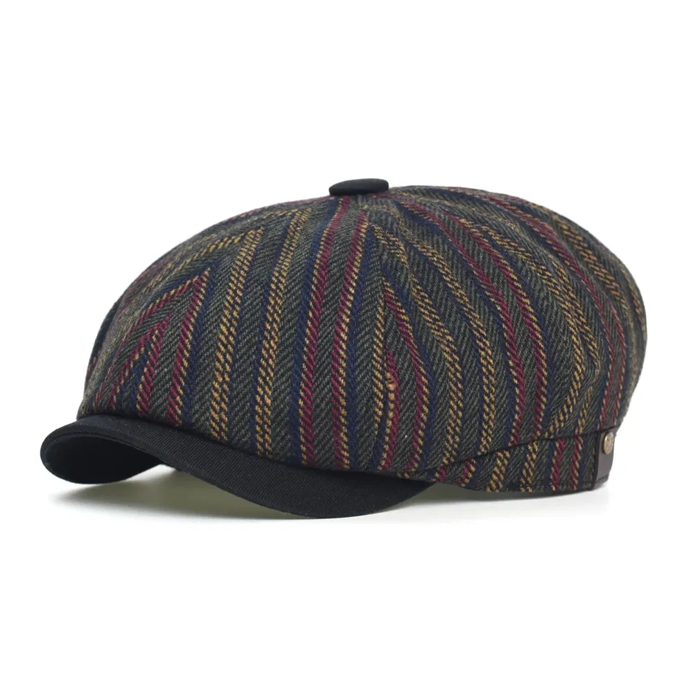 Belfast Striped Newsboy Cap boater hat with bow in beach sunlight