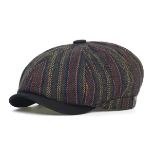Belfast Striped Newsboy Cap boater hat with bow in beach sunlight