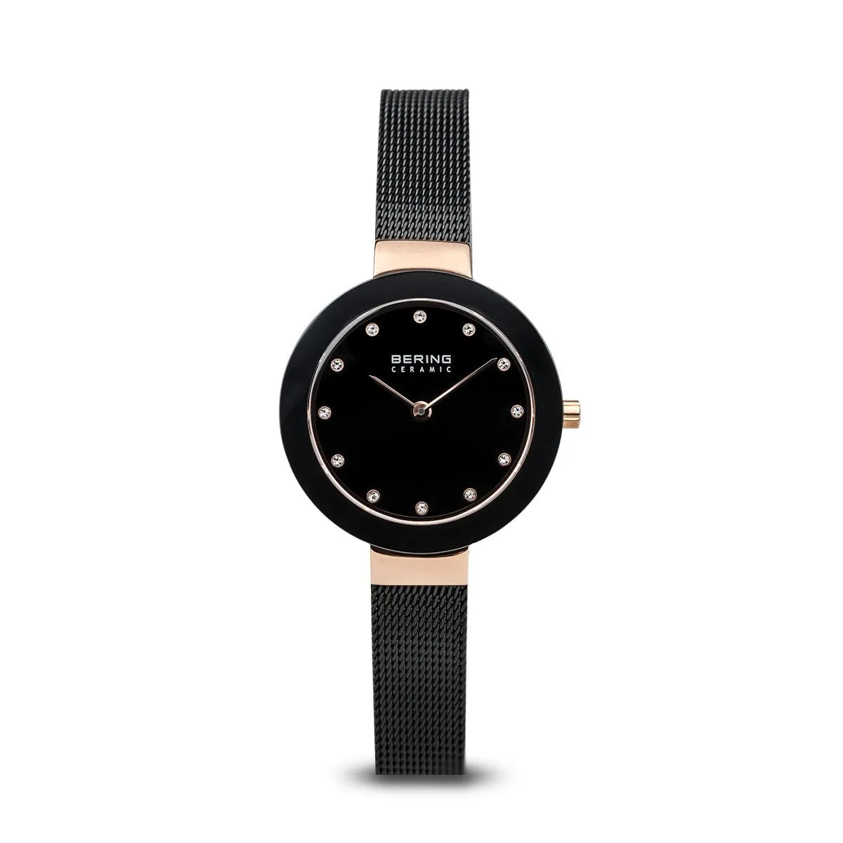 Bering Ceramic Polished Rose Gold Black Mesh Watch 
