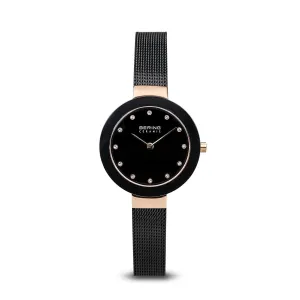 Bering Ceramic Polished Rose Gold Black Mesh Watch 