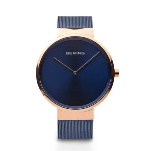 Bering Classic Polished Rose Gold 39mm Blue Mesh Watch 