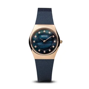 Bering Classic Polished Rose Gold Navy Blue Watch 