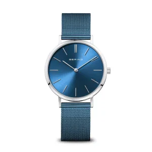 Bering Classic Polished Silver Blue Mesh Watch 