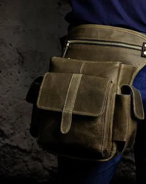 Biker Mens Leather Drop Leg Bag Waist Bag Side Bag Belt Pouch Pack for Men Vintage Brown