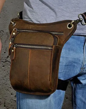 Biker Mens Leather Drop Leg Bag Waist Bag Side Bags Belt Pouch Pack for Men Vintage Brown