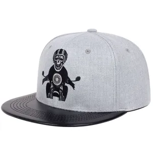 Biker Skull Gray Snapback Cap boater hat with bow in beach sunlight