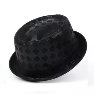 Billie Jazz Leather Porkpie Hat stylish boater hat with ribbon on model