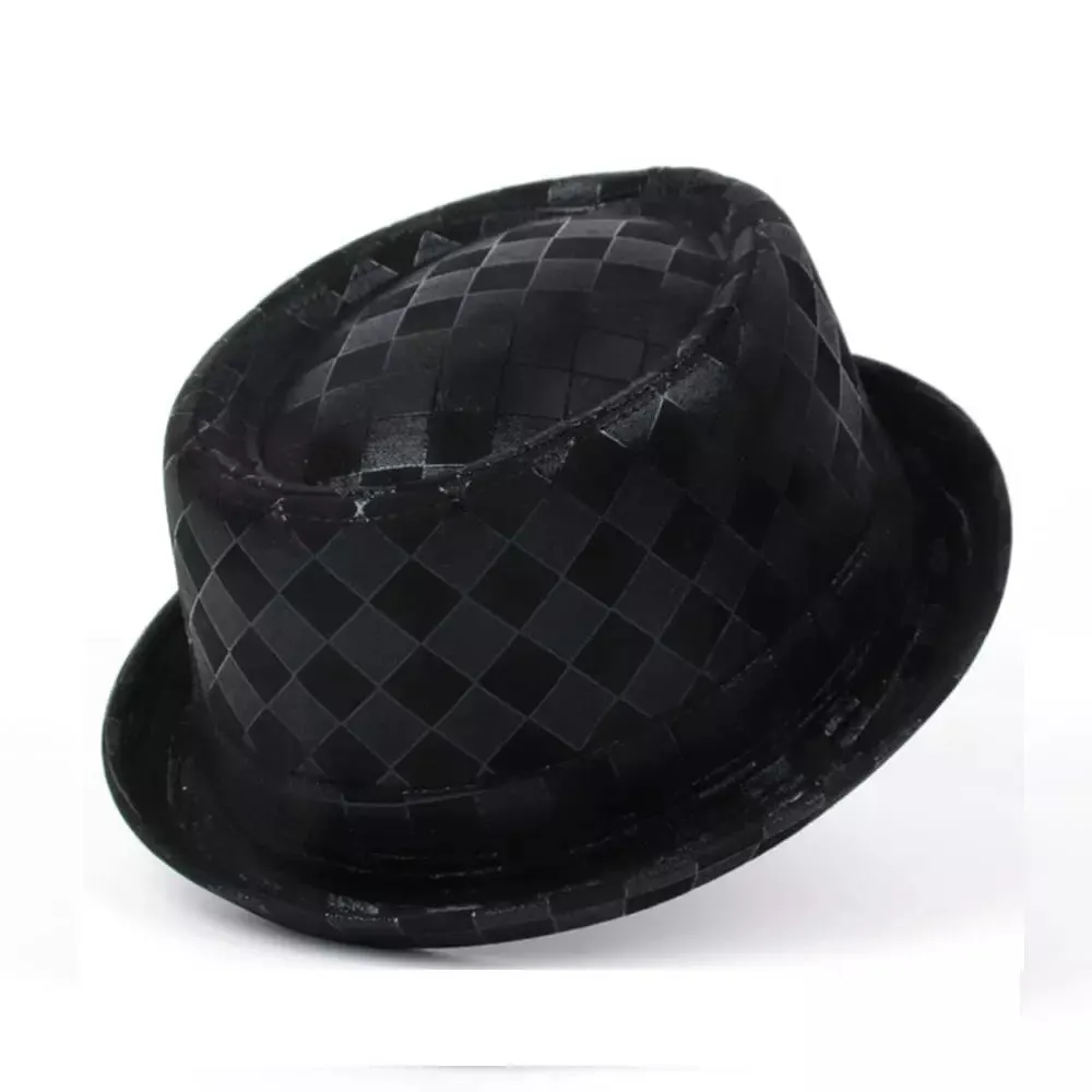 Billie Jazz Leather Porkpie Hat stylish boater hat with ribbon on model
