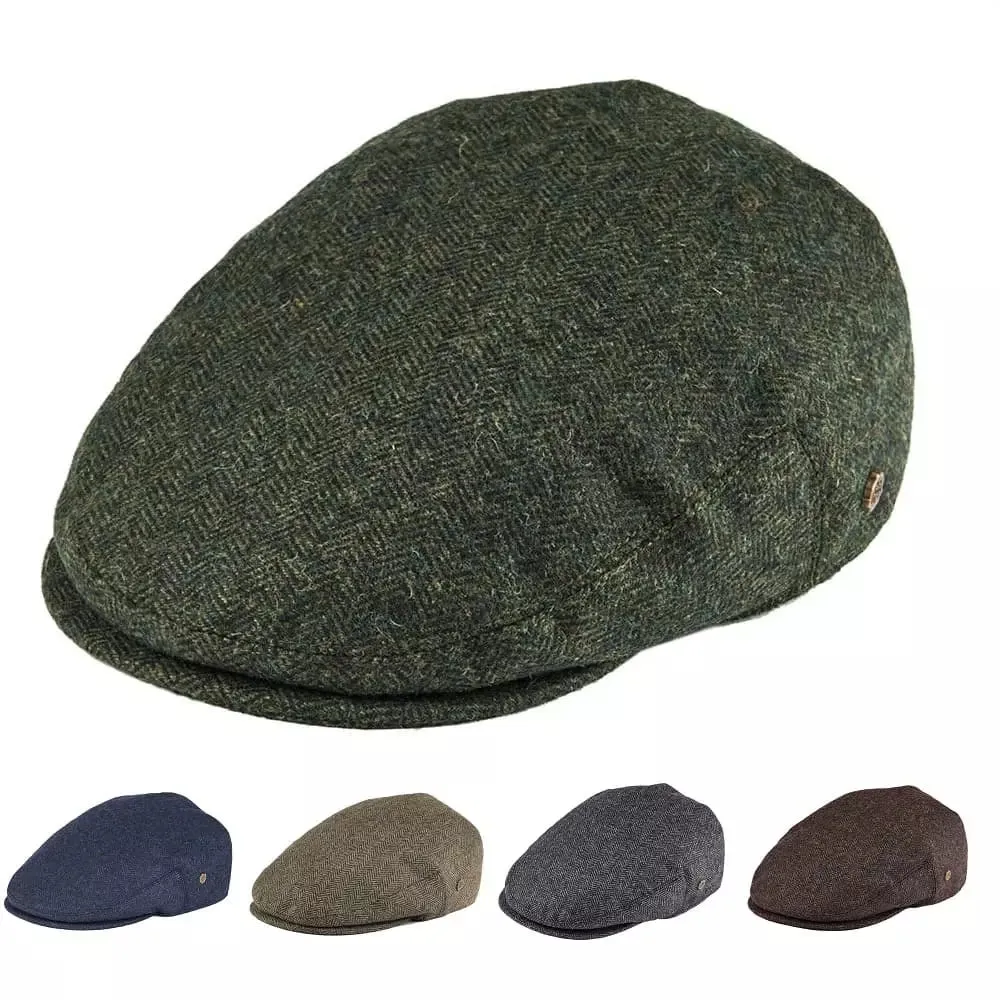 Birmingham Herringbone Wool Flat Cap stylish boater hat with ribbon on model