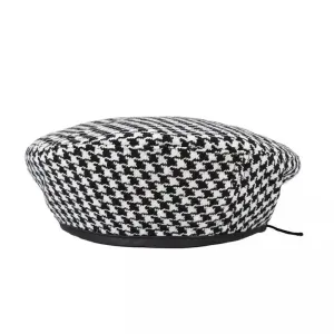 Black & White Houndstooth French Beret boater hat with bow in beach sunlight