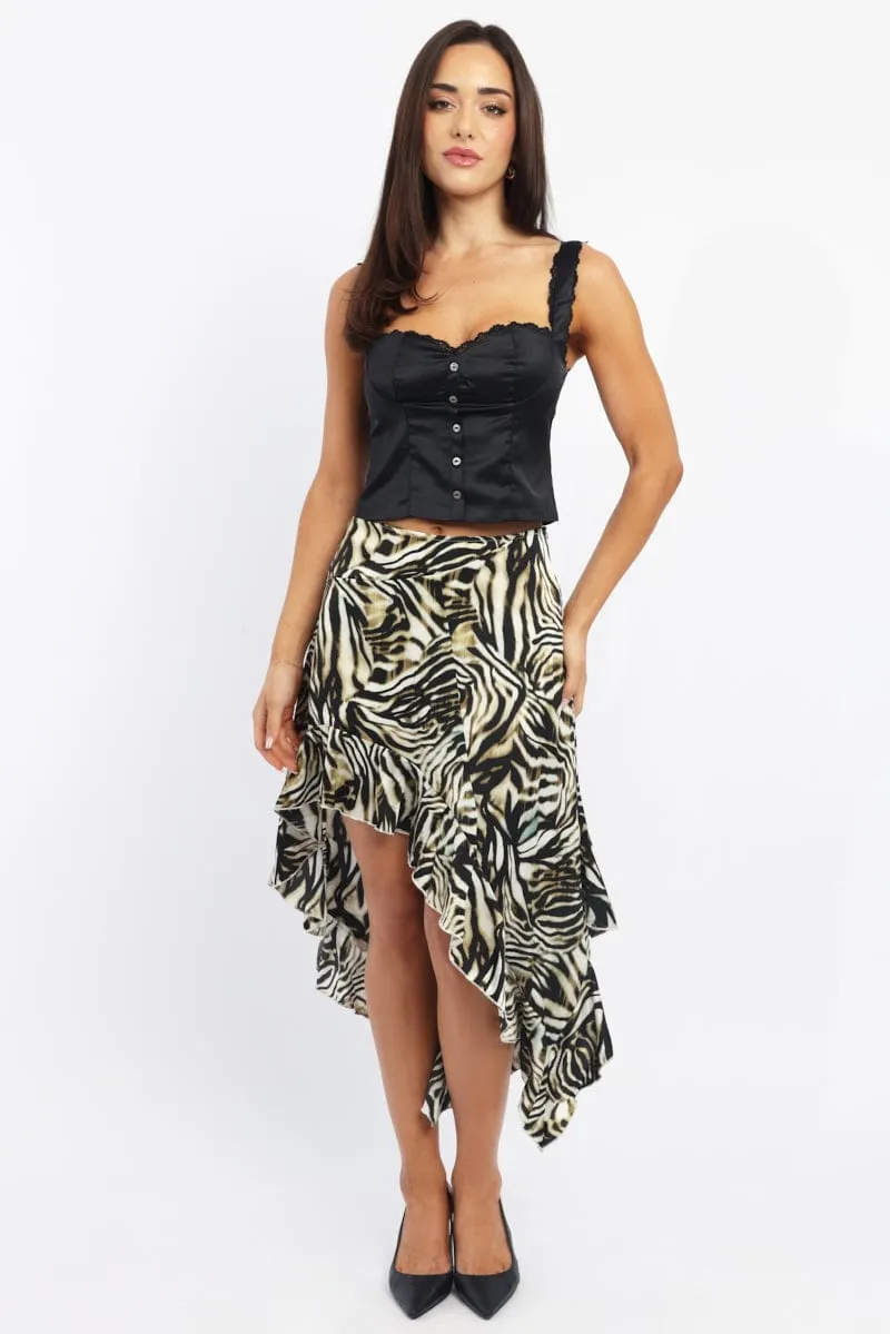 Black Animal Print Frill Skirt High Waisted High Low Midi,skirt,denim skirt,mini skirt,maxi skirt,jean skirt,skort,tennis skirt,pleated skirt,pencil skirt,bubble skirt,plisse skirt,fitted skirt,midi skirt,short skirt,short mini skirt,leather skirt,a line s