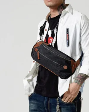 Black Canvas Leather Fanny Pack Men's Chest Bag Sling Hip Bag Canvas Waist Bag For Men Black