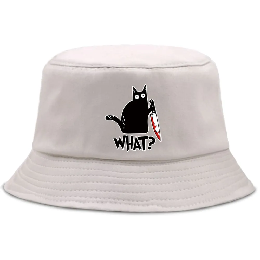Black Cat & Knife Bucket Hat stylish boater hat with ribbon on model