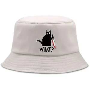 Black Cat & Knife Bucket Hat stylish boater hat with ribbon on model