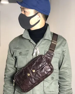 Black Cool Leather Men Fanny Pack Waist Bag Hip Pack Chest Bag Coffee Belt Bag Bumbag for Men Black