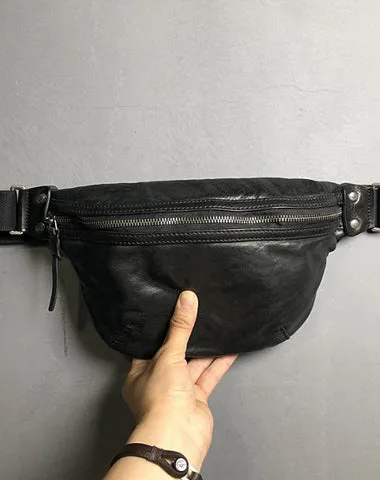 Black Cool Leather Men Small Fanny Pack Waist Bag Hip Pack Tan Belt Bag Bumbag for Men Black